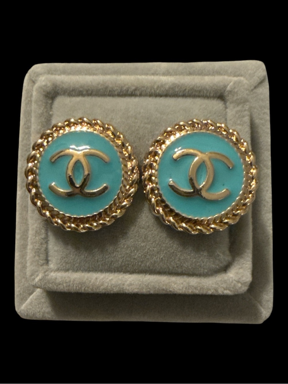 Upcycled Button Earrings – Aqua & Gold Edition earring studs - Picture 2 of 4